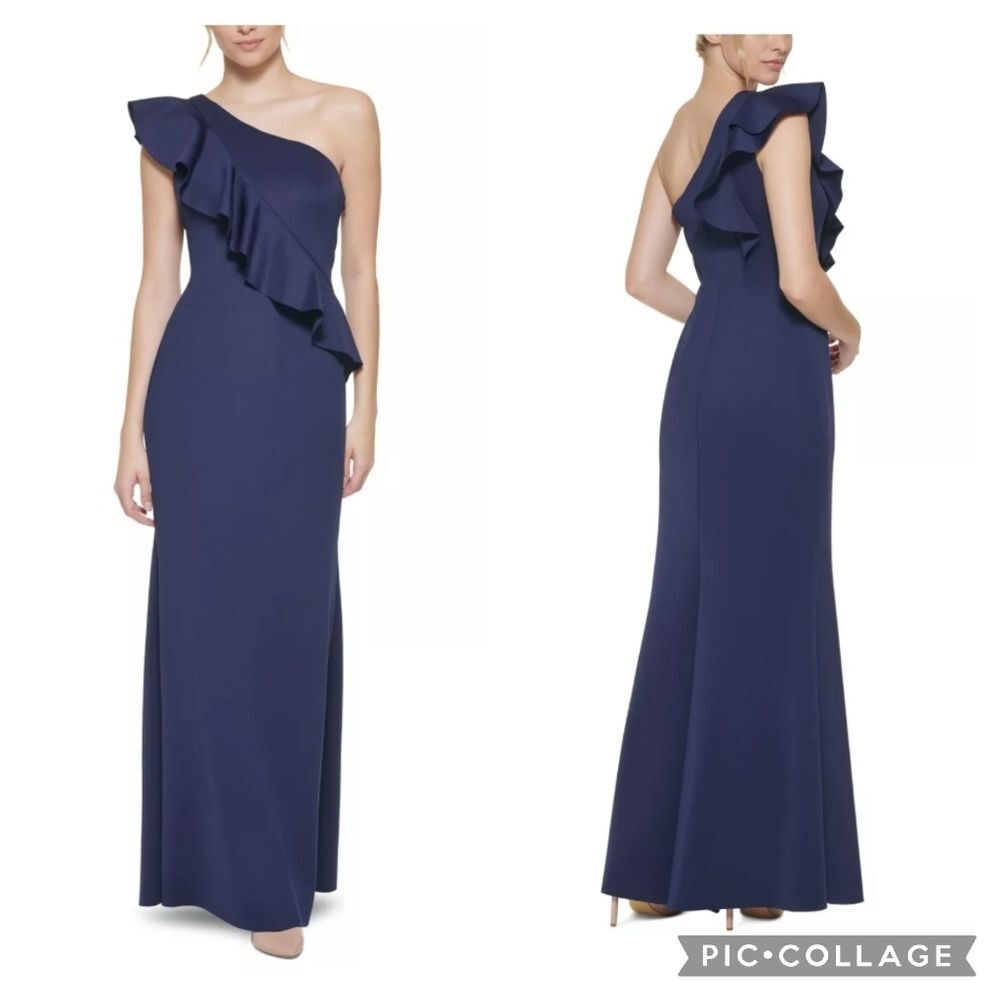 Jessica Howard Womens Navy Ruffled Scuba Lined Sleeveless Evening Gown 8